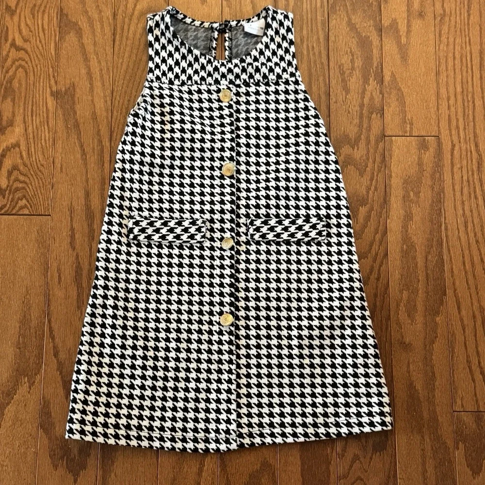 ZARA Girls Dress Size 7  Black White Houndstooth‎ Gold Buttons Preppy